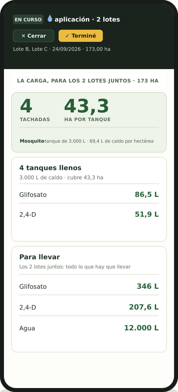 Pantalla del empleado en AgrowIArk: la carga de la aplicación, tanques y lo que hay que llevar